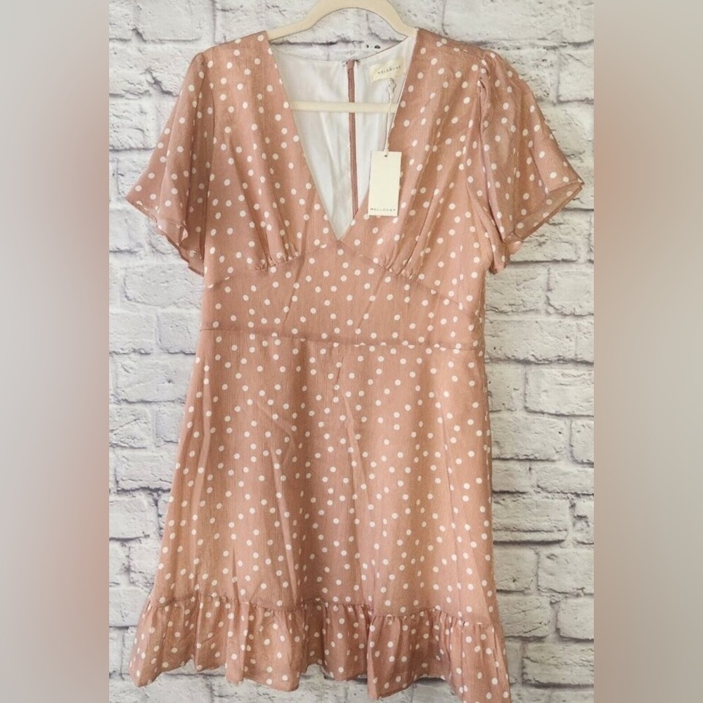 Melloday Womens Size XL Flutter Sleeve V Neck Pink Polka Dot SUMMER Dress